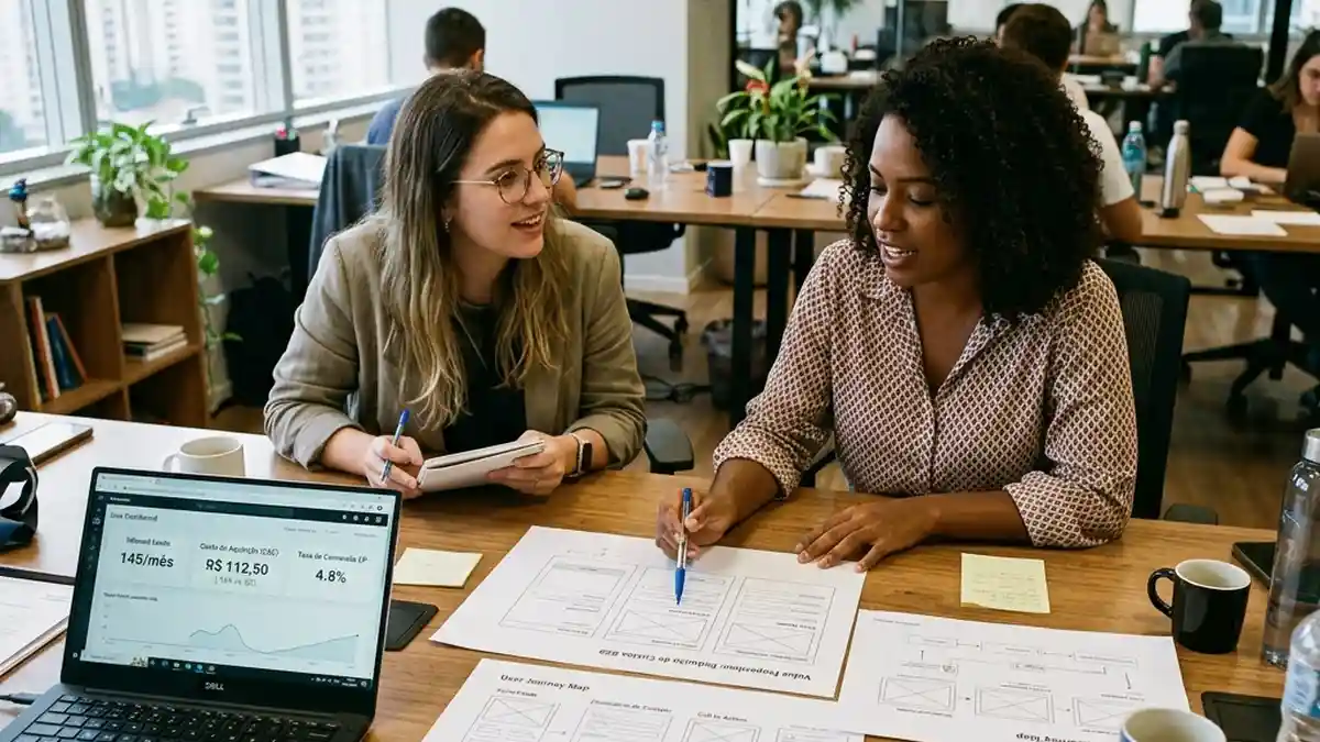 Especialistas em marketing B2B analisando wireframes impressos de landing page e métricas de leads qualificados sobre mesa de trabalho.