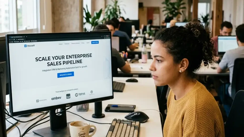 Designer de UX/UI estruturando o layout da hero section e botões de conversão de uma landing page B2B em monitor de alta resolução.