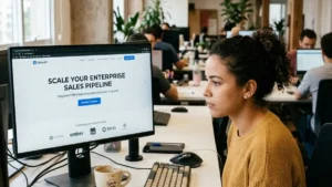 Designer de UX/UI estruturando o layout da hero section e botões de conversão de uma landing page B2B em monitor de alta resolução.