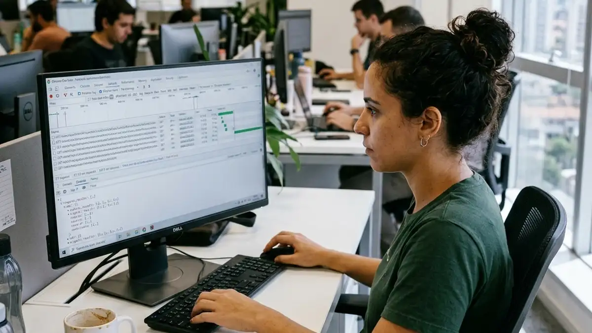 Profissional de dados inspecionando a aba Network no navegador para decodificar requisições HTTP e payloads JSON da página de resultados de busca.