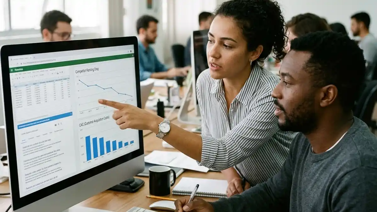 Líder de SEO técnico e gestor de aquisição analisando dados de rede da concorrência e metas de redução de CAC em tela de trabalho compartilhada.