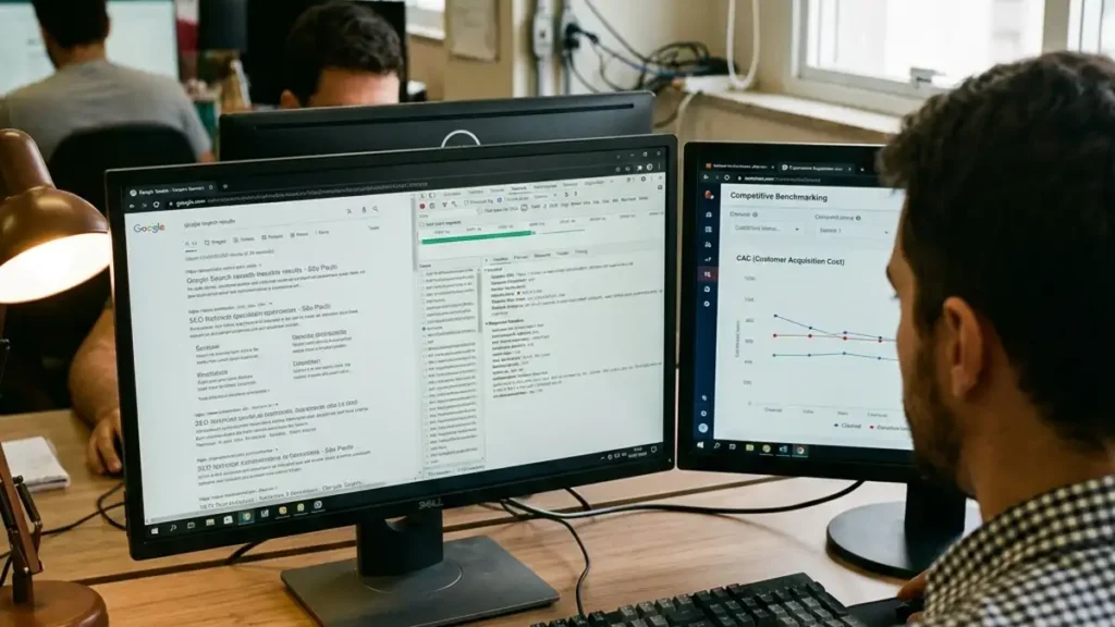 Especialista em SEO técnico analisando requisições de rede no DevTools e resultados da SERP do Google em monitor duplo para estratégias de redução de CAC.