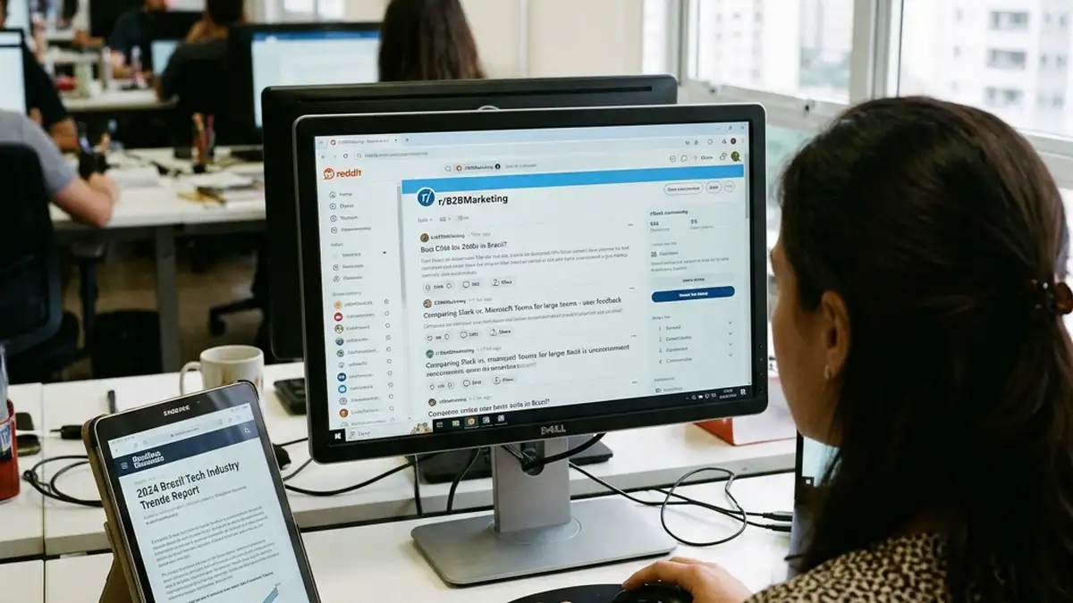 Profissional de marketing B2B analisando comunidades e discussões no Reddit para identificar tendências de mercado e dores de clientes corporativos.