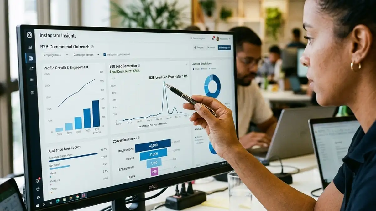 Tela de computador com métricas do Instagram Insights e painel de análise de tendências de mercado focadas em conversão B2B.