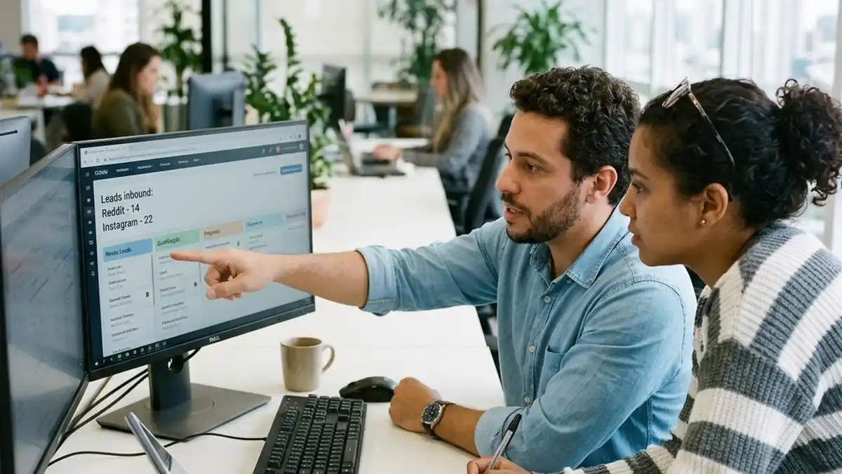 Equipe comercial B2B analisando leads qualificados vindos de estratégias de Reddit e Instagram sendo inseridos no funil de vendas do CRM.