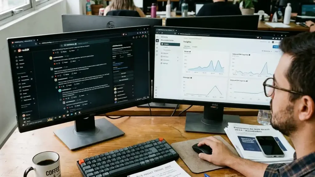 Estação de trabalho de marketing B2B com monitores exibindo discussões estratégicas no Reddit e painel comercial do Instagram para captação de clientes.