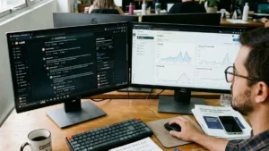 Estação de trabalho de marketing B2B com monitores exibindo discussões estratégicas no Reddit e painel comercial do Instagram para captação de clientes.