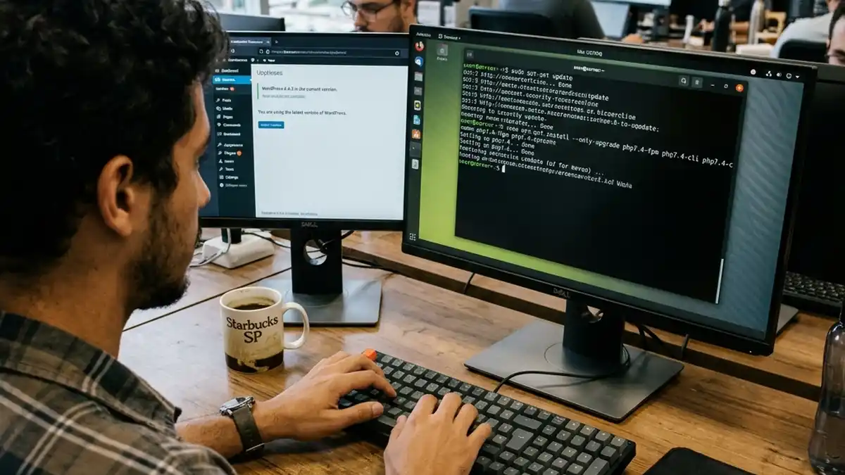 Visão sobre o ombro de engenheiro de software executando comandos de atualização de versão do PHP e patch de segurança no terminal Linux ao lado do painel do WordPress.
