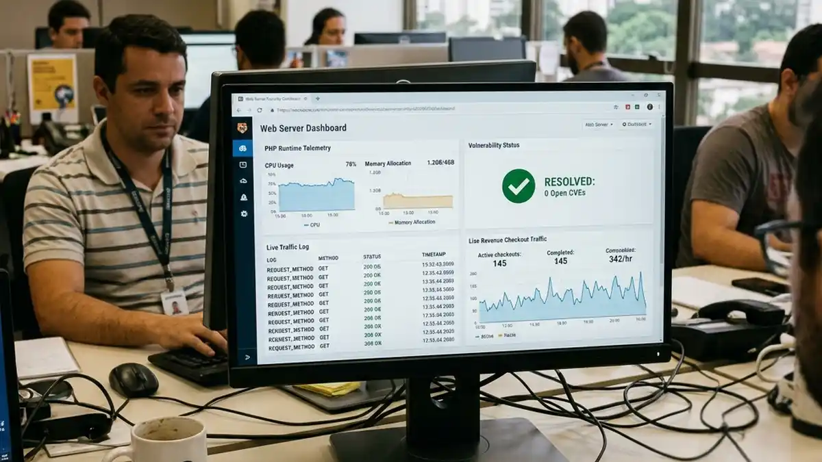 Tela de monitor em close-up exibindo painel de monitoramento de servidor web, status de resolução de vulnerabilidades PHP e fluxo contínuo de transações financeiras.