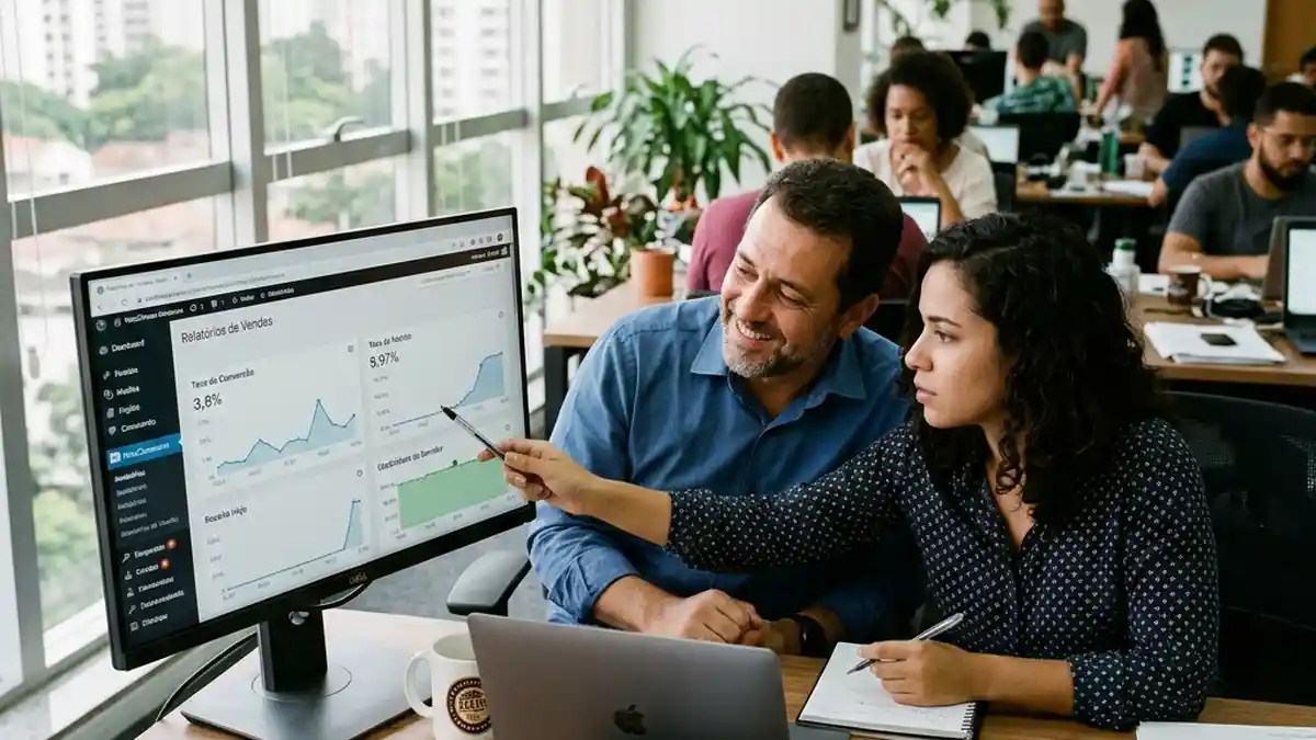 Líder técnico e gestor de operações analisando gráficos de estabilidade do servidor WordPress e métricas de vendas preservadas em ambiente de trabalho real.