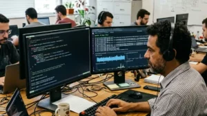 Desenvolvedor web sênior analisando código PHP e logs de segurança do WordPress em monitores duplos para mitigar falhas críticas e proteger a operação do site.