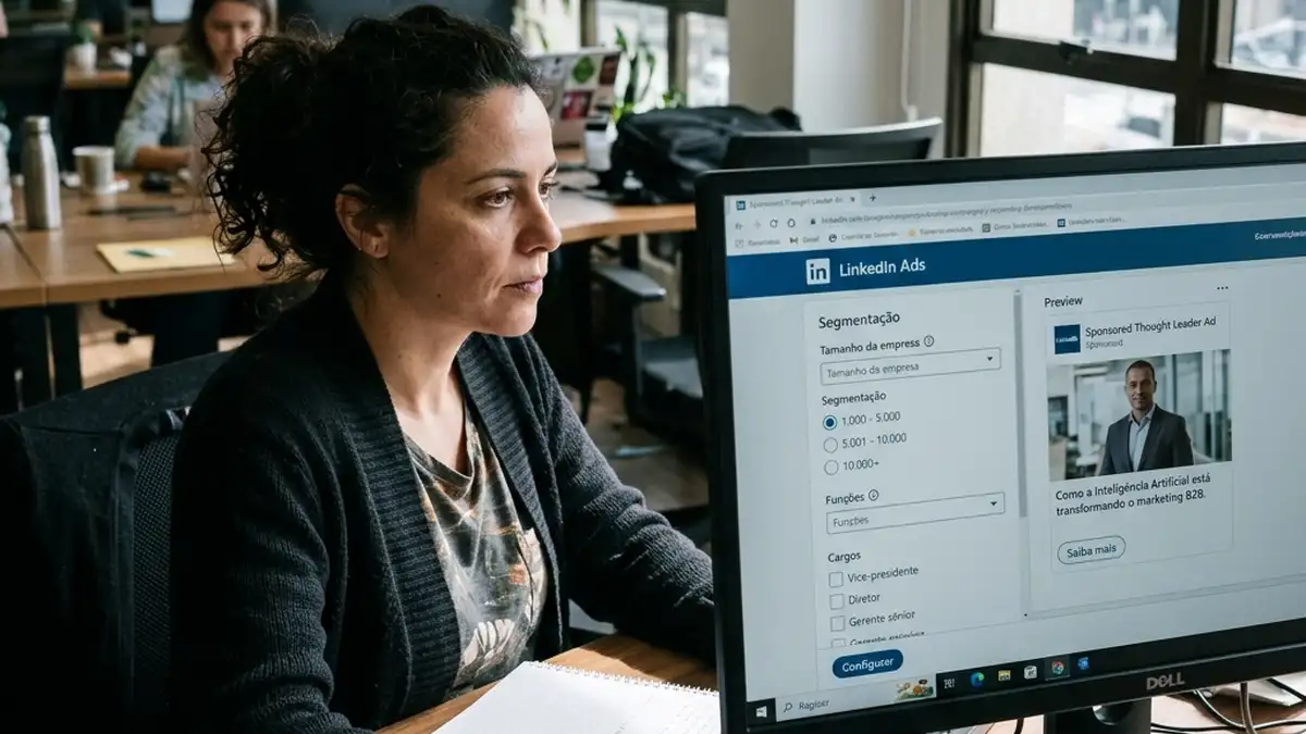 Especialista configurando segmentação de público corporativo e anúncios patrocinados no painel do LinkedIn Ads para empresas B2B.