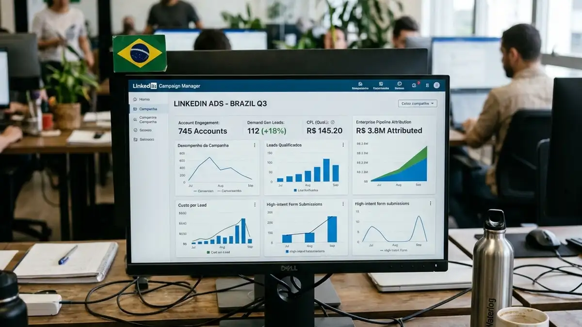Monitor em detalhe exibindo métricas de conversão, pipeline de vendas e engajamento de contas empresariais geradas no LinkedIn.