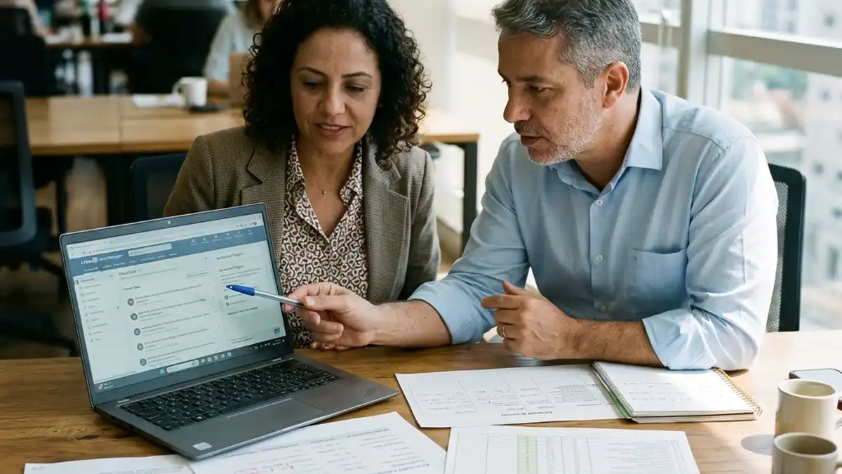 Diretor de marketing e executivo de vendas B2B analisando juntos dados de intenção e leads qualificados originados no LinkedIn para fechamento de contratos corporativos.