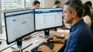 Profissional de marketing B2B analisando campanhas no LinkedIn Campaign Manager e LinkedIn Sales Navigator em monitor de trabalho para geração de demanda de grandes contas.