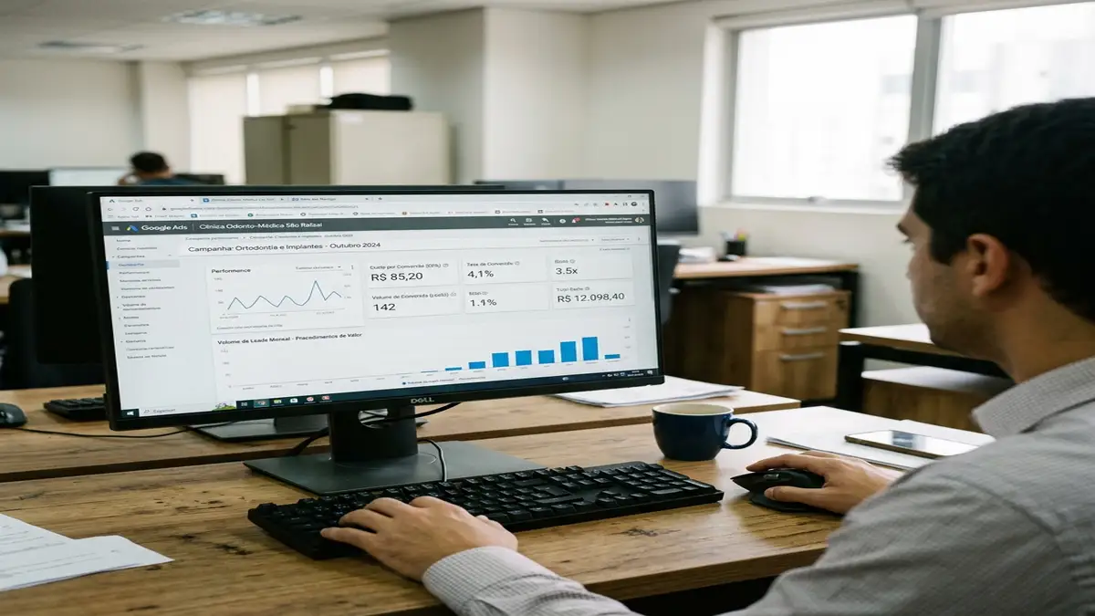 Detalhe de monitor exibindo painel de gestão de anúncios com métricas de custo por lead e conversão para serviços de saúde premium.