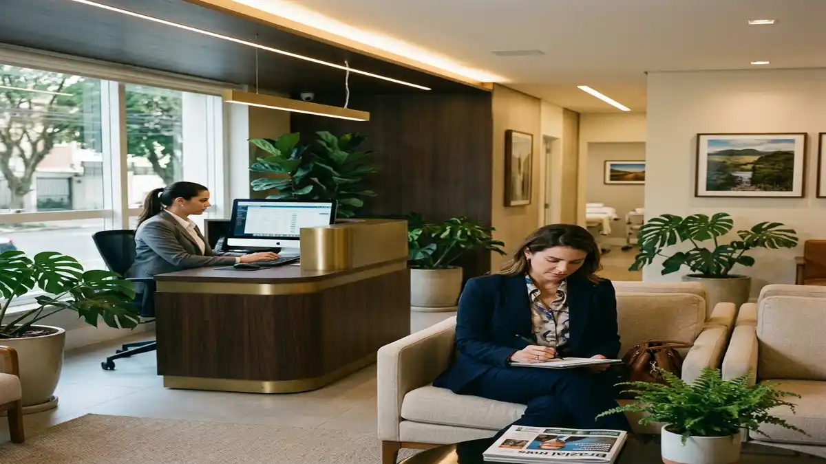 Recepção sofisticada de clínica privada com paciente qualificada realizando check-in após agendamento por campanha de tráfego pago.