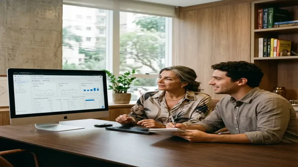 Gestor de tráfego e diretora de clínica de alto padrão analisando métricas de campanhas de tráfego pago no monitor do consultório.