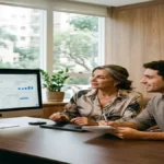Gestor de tráfego e diretora de clínica de alto padrão analisando métricas de campanhas de tráfego pago no monitor do consultório.
