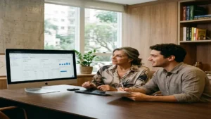 Gestor de tráfego e diretora de clínica de alto padrão analisando métricas de campanhas de tráfego pago no monitor do consultório.