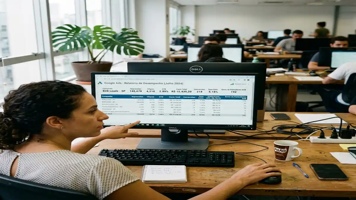 Tela de monitor exibindo métricas do Google Ads com foco em Custo por Lead (CPL) e taxa de conversão qualificada.