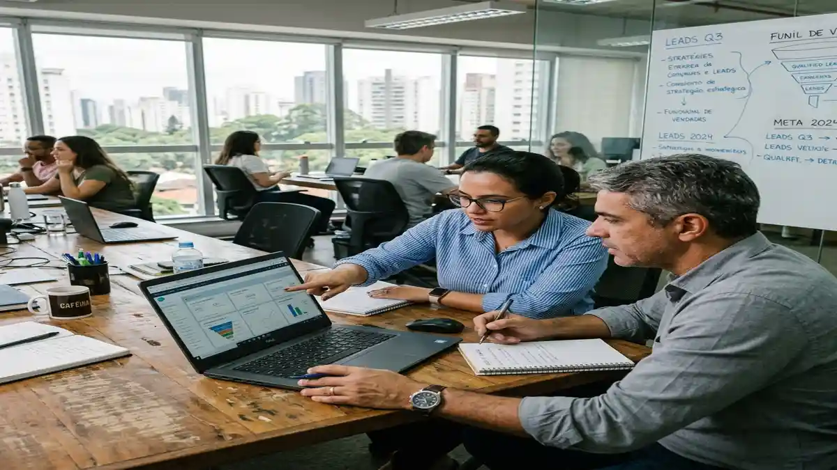 Diretores de marketing e vendas reunidos avaliando a qualidade dos leads corporativos gerados através de campanhas do Google Ads.