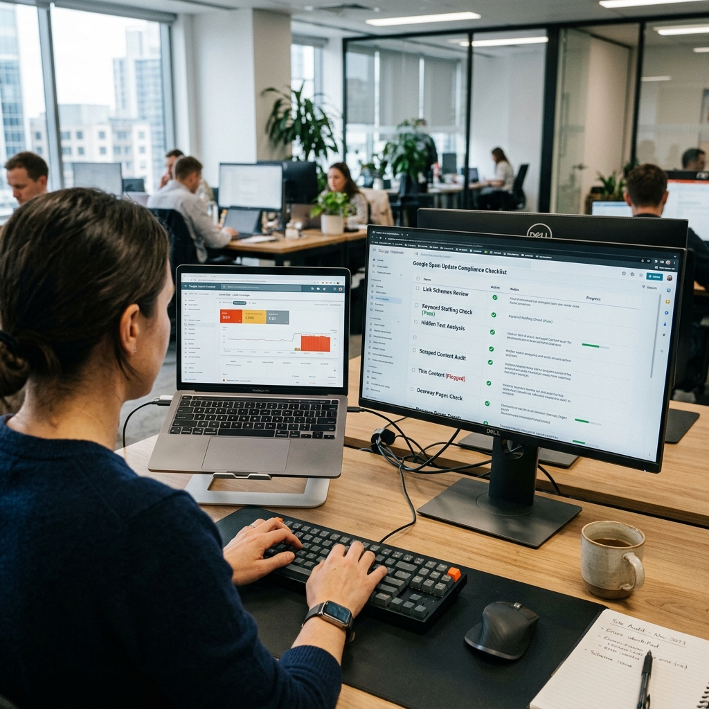 Auditoria técnica de SEO em andamento com tela exibindo status de indexação e relatórios do Google Search Console em ambiente de trabalho B2B.