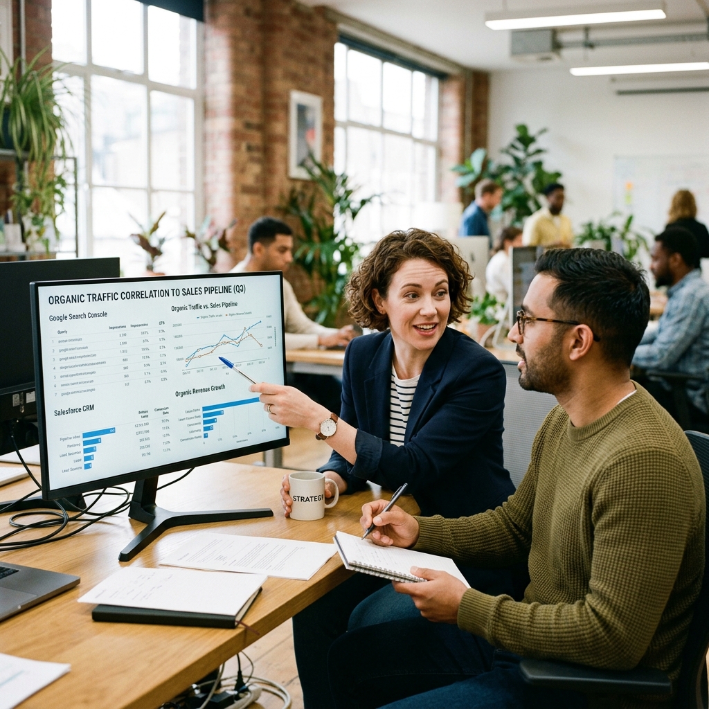Equipe de marketing e vendas analisando funil comercial e receita gerada por tráfego orgânico após recuperação de posicionamento no Google.