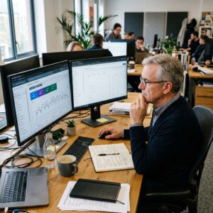Especialista em SEO analisando métricas de tráfego orgânico e dados do Google Search Console em monitor de trabalho para proteger o site contra o Google Spam Update.