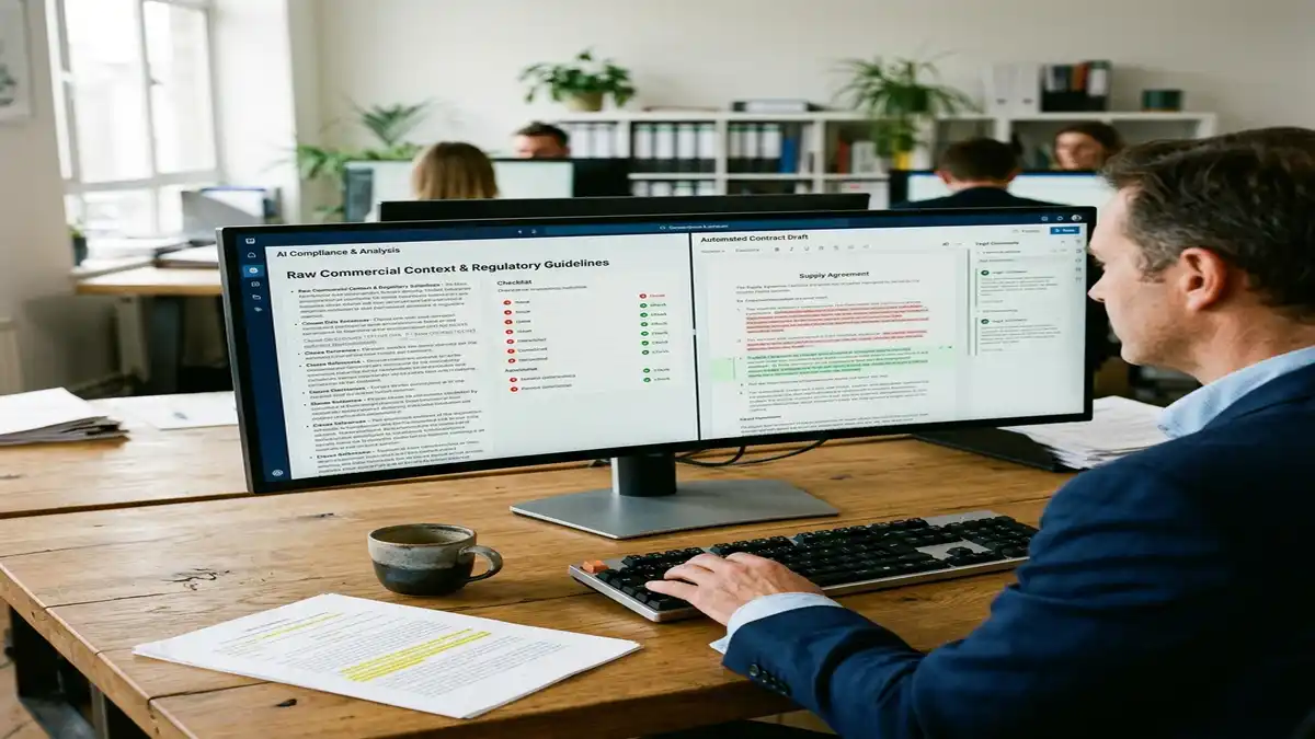 Advogado corporativo operando plataforma de inteligência artificial jurídica em monitor ultrawide, transformando termos comerciais em contratos revisados.