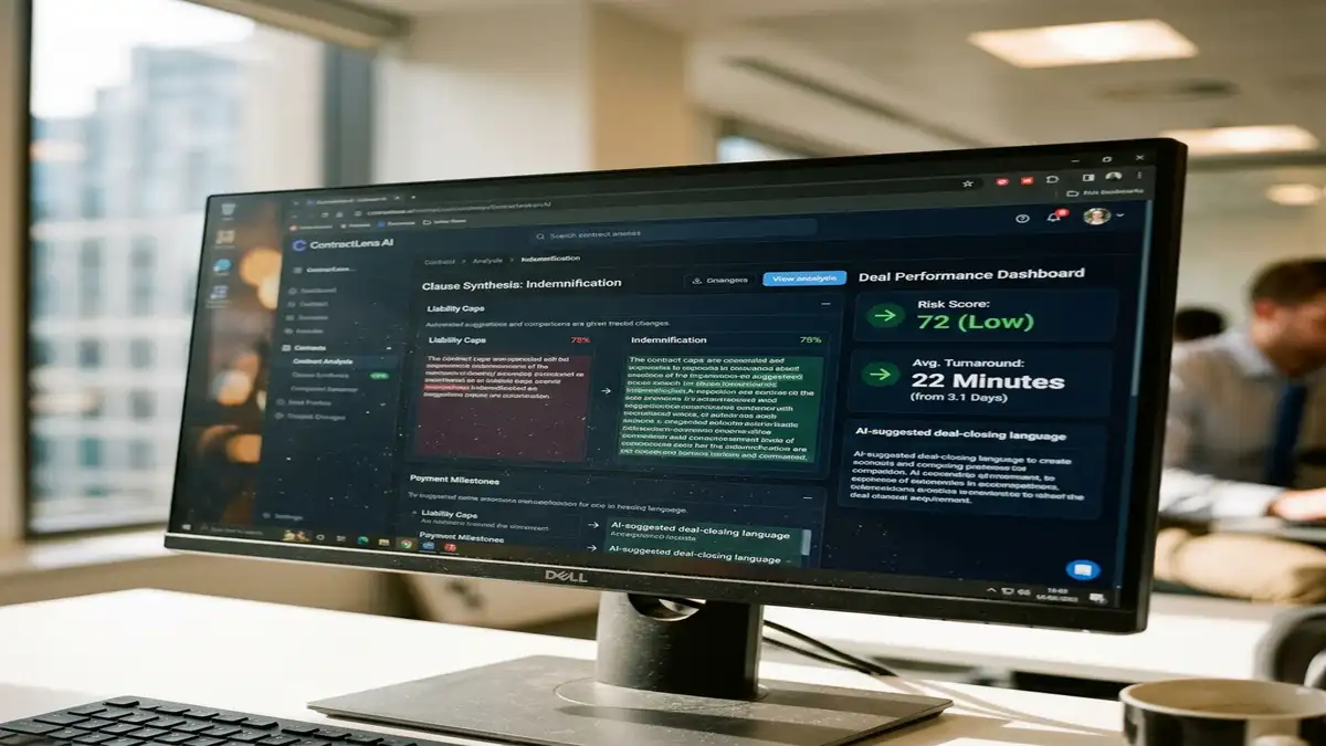 Detalhe em close-up de tela com software de IA jurídica demonstrando análise de riscos, comparação de cláusulas contratuais e aceleração de prazos.