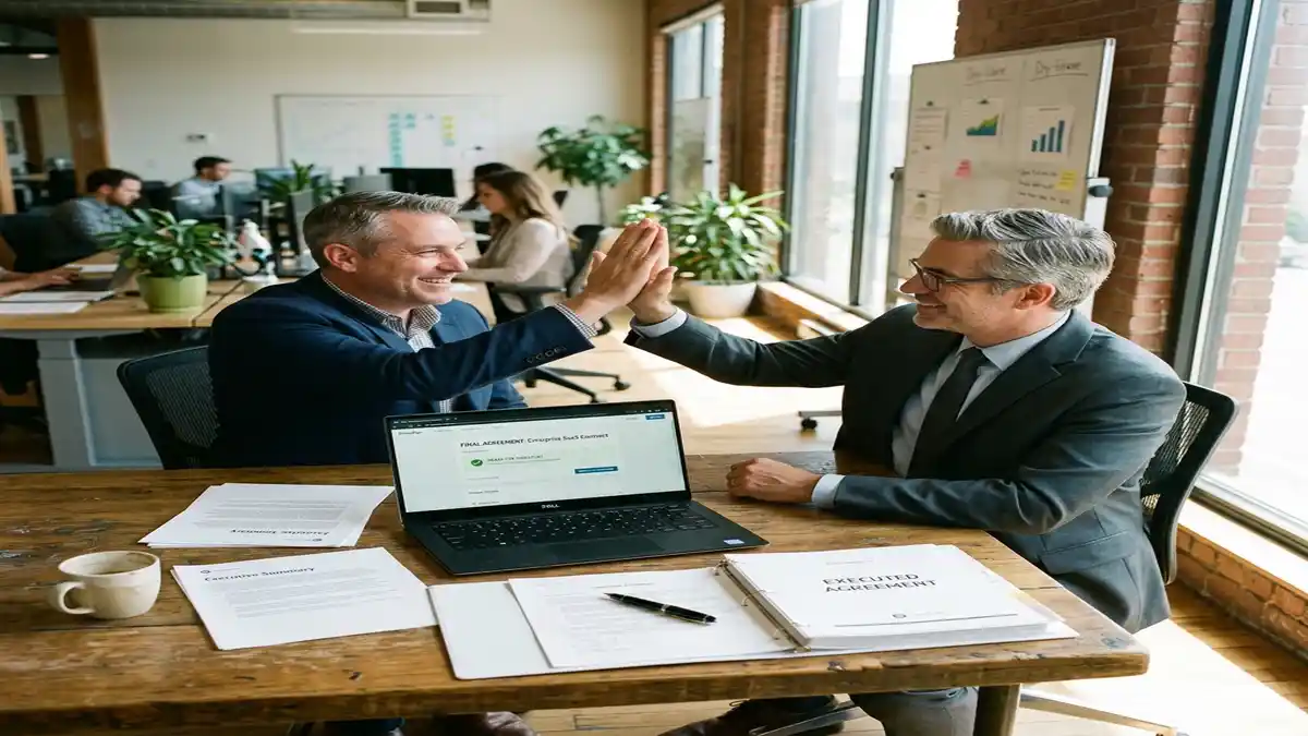 Diretor comercial B2B e advogada corporativa em reunião analisando contrato final validado por IA e pronto para assinatura digital.