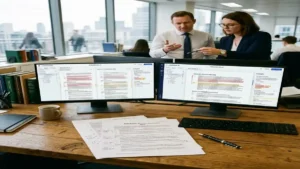 Tela de computador em escritório jurídico exibindo interface de IA com minutas contratuais B2B, alterações de cláusulas e documentos impressos sobre a mesa de trabalho.