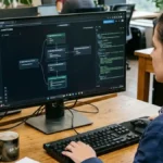 Diretor de tecnologia monitorando sistema de IA autônoma em painel de orquestração de múltiplos agentes em ambiente corporativo moderno.