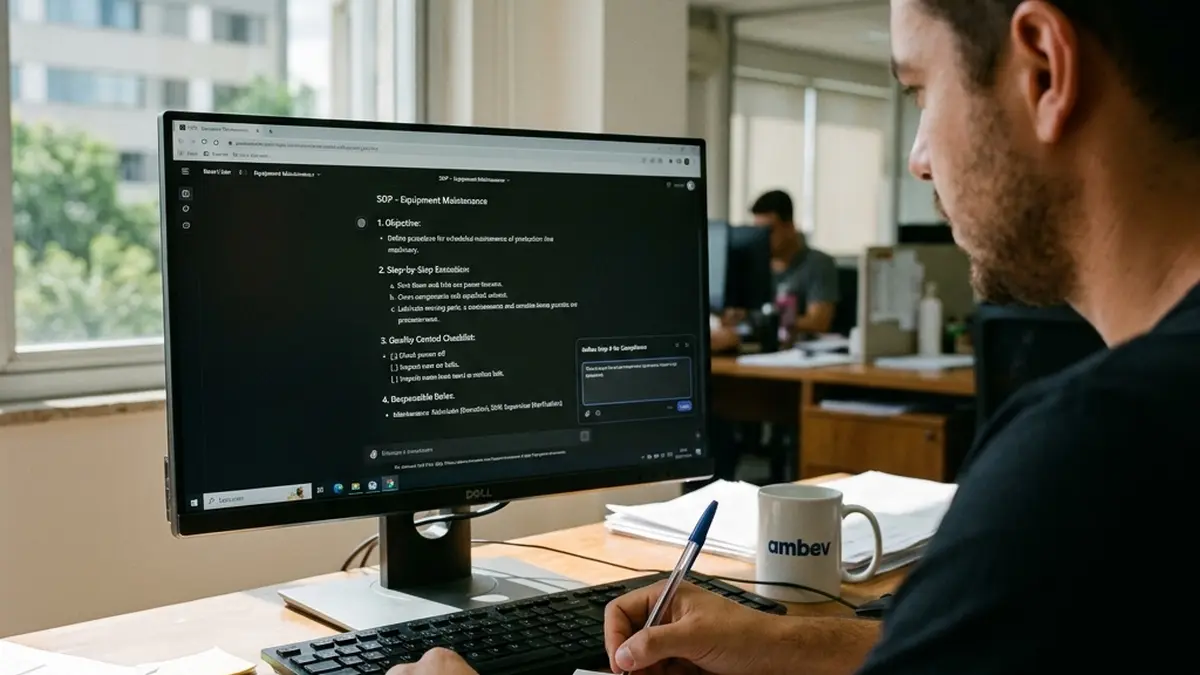 Profissional de processos revisando um Procedimento Operacional Padrão (SOP) técnico e detalhado gerado por assistente de inteligência artificial em software corporativo.