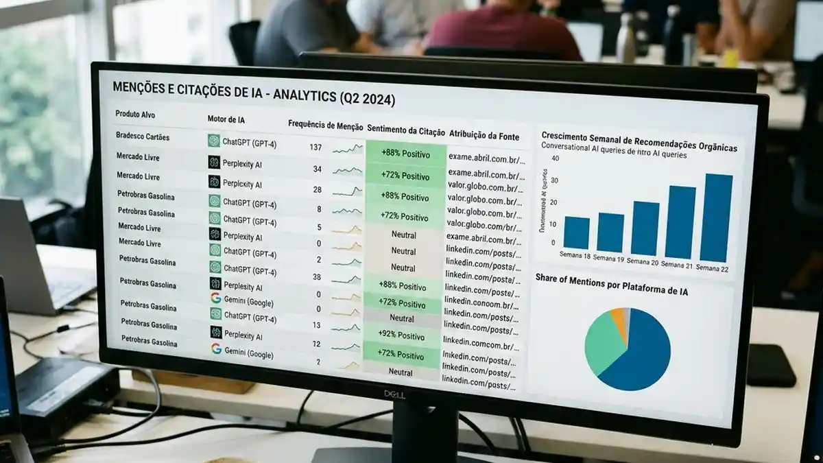 Tela em close-up de um dashboard analítico monitorando menções de produtos e frequência de recomendações de marca em modelos de linguagem como ChatGPT e Perplexity.
