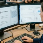 Mesa de trabalho de operações com dois monitores exibindo a elaboração de um Procedimento Operacional Padrão (SOP) gerado por inteligência artificial e painel de monitoramento de menções de marca em motores de busca de IA.