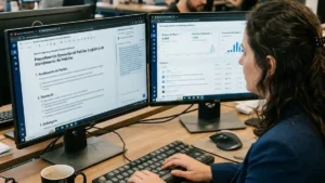 Mesa de trabalho de operações com dois monitores exibindo a elaboração de um Procedimento Operacional Padrão (SOP) gerado por inteligência artificial e painel de monitoramento de menções de marca em motores de busca de IA.