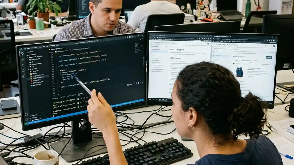 Desenvolvedor web e gestor de SEO investigando código de otimização de imagens e compatibilidade de arquivos JPEG XL com as diretrizes de rastreamento do Google.