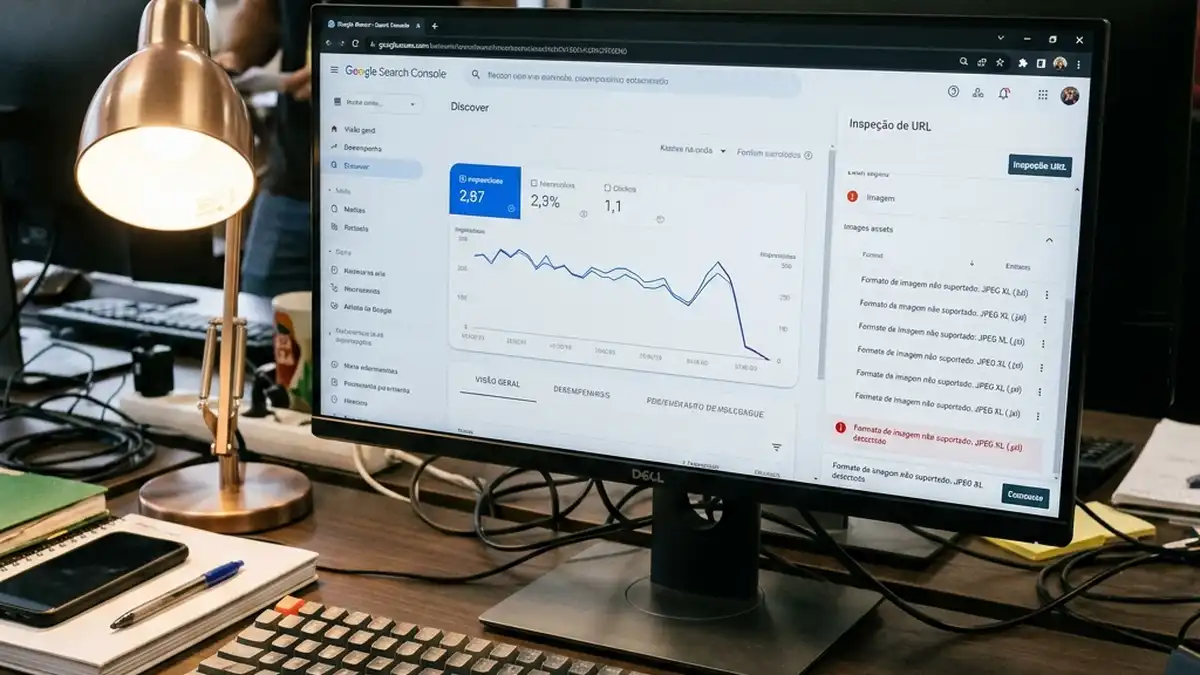 Tela de monitor com relatório do Google Search Console demonstrando queda brusca de impressões e cliques orgânicos após implementação de imagens em formato JPEG XL.