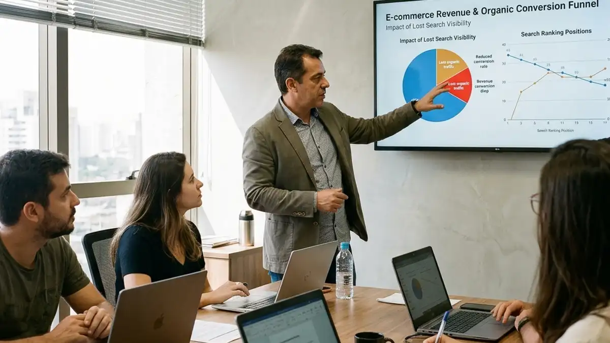 Equipe comercial e de marketing de e-commerce analisando impacto da perda de tráfego orgânico no volume de vendas e faturamento da empresa.