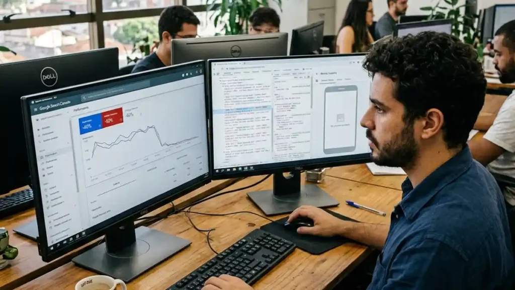Especialista em SEO técnico analisando queda drástica de tráfego orgânico no Google Search Console causada por falha de renderização de imagens JPEG XL no Google Discover.