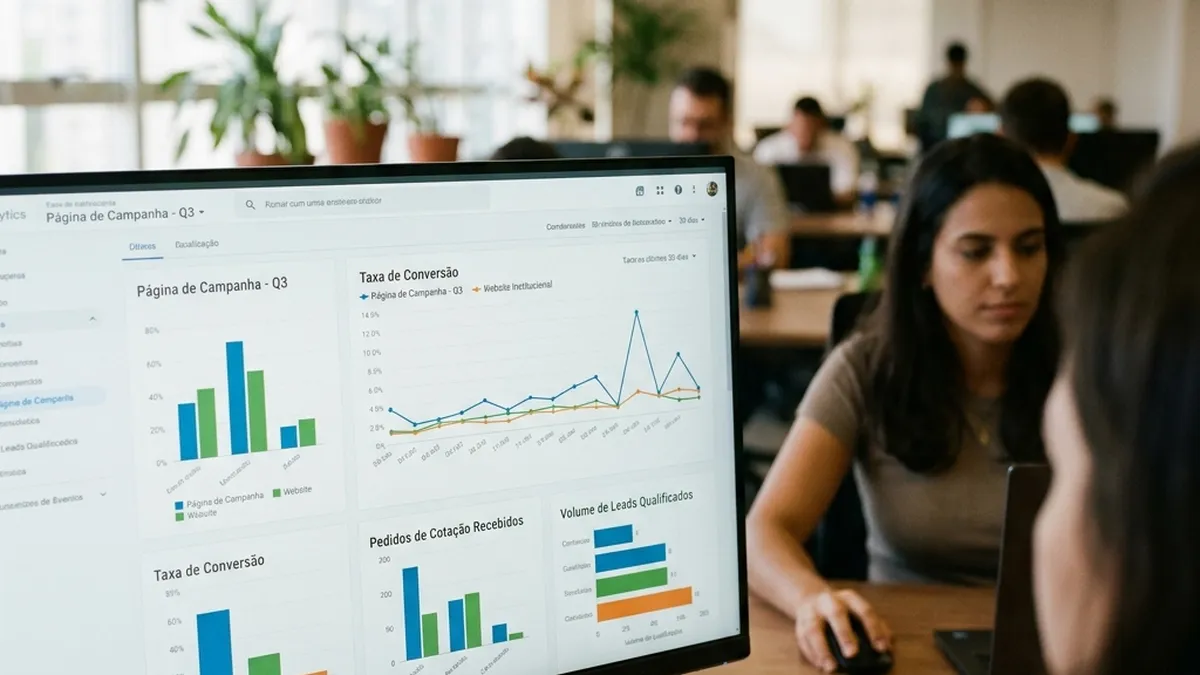Tela de computador com métricas analíticas comparando a taxa de conversão e o volume de orçamentos gerados entre landing page e site institucional.