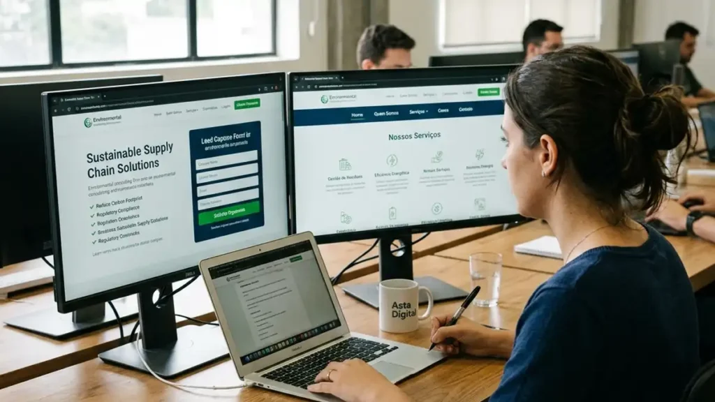 Comparação visual entre uma landing page de conversão e um site institucional corporativo exibidos lado a lado em monitores duplos de trabalho.