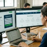 Comparação visual entre uma landing page de conversão e um site institucional corporativo exibidos lado a lado em monitores duplos de trabalho.