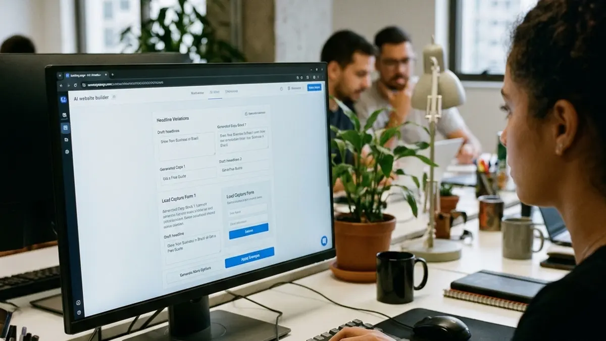Visão sobre os ombros de designer operando editor visual de landing page com geração de conteúdo por inteligência artificial.