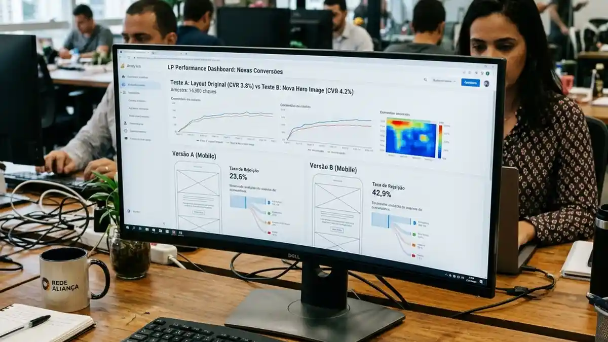 Monitor detalhando métricas de conversão, testes A/B e layout responsivo de landing page recém-publicada.