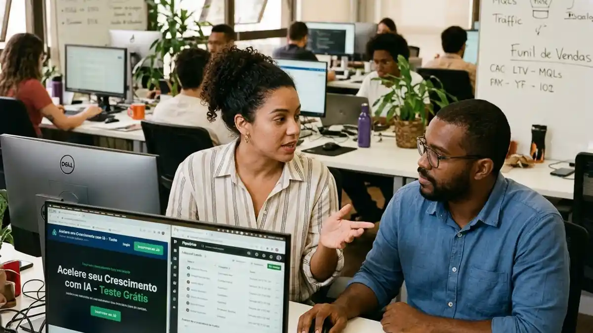 Profissionais de crescimento analisando a performance e geração de leads da landing page ativa no CRM.
