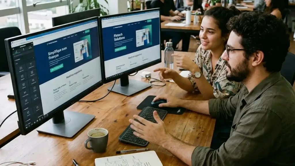 Profissional de marketing e UX criando landing page com inteligência artificial e visualizando wireframes em monitor duplo.