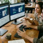 Profissional de marketing e UX criando landing page com inteligência artificial e visualizando wireframes em monitor duplo.